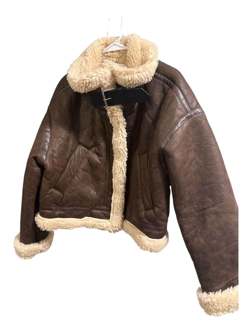 Classic Brown Faux Leather Sherpa-Lined Aviator Jacket Size Large